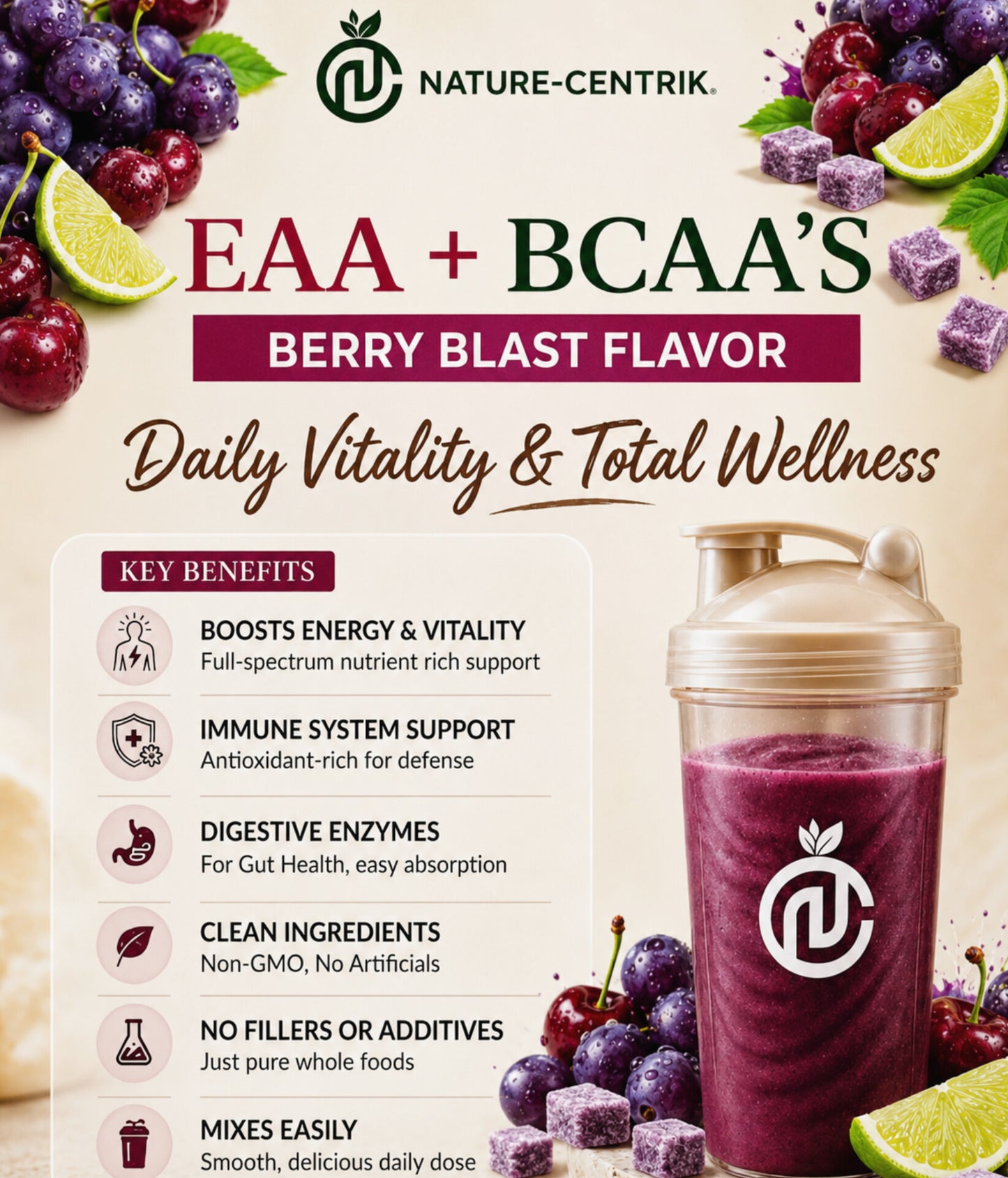 100% Organic EAA + BCAA'S Essential Energy- Berry Blast