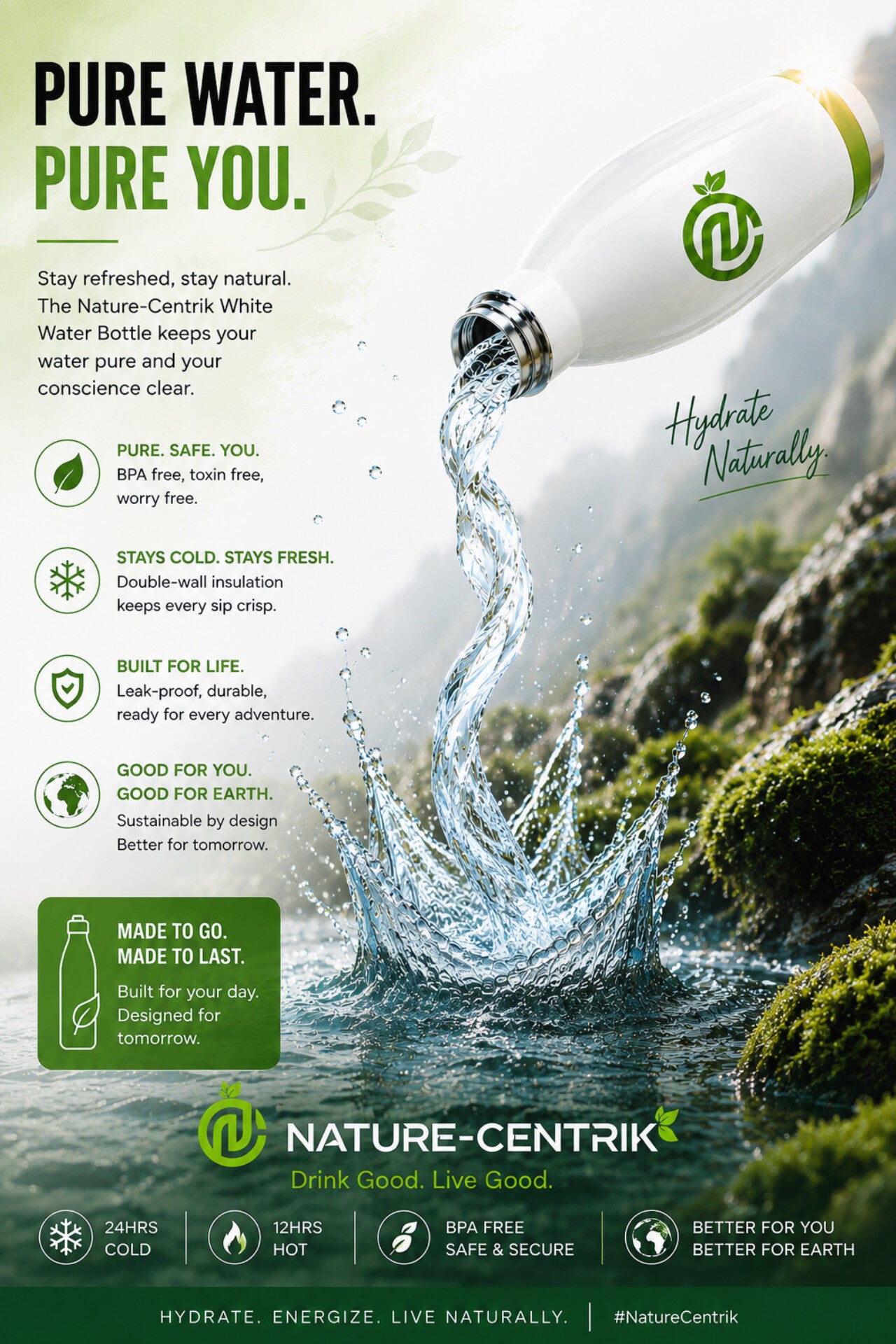 Water Bottle 100% Stainless steel/ Wht