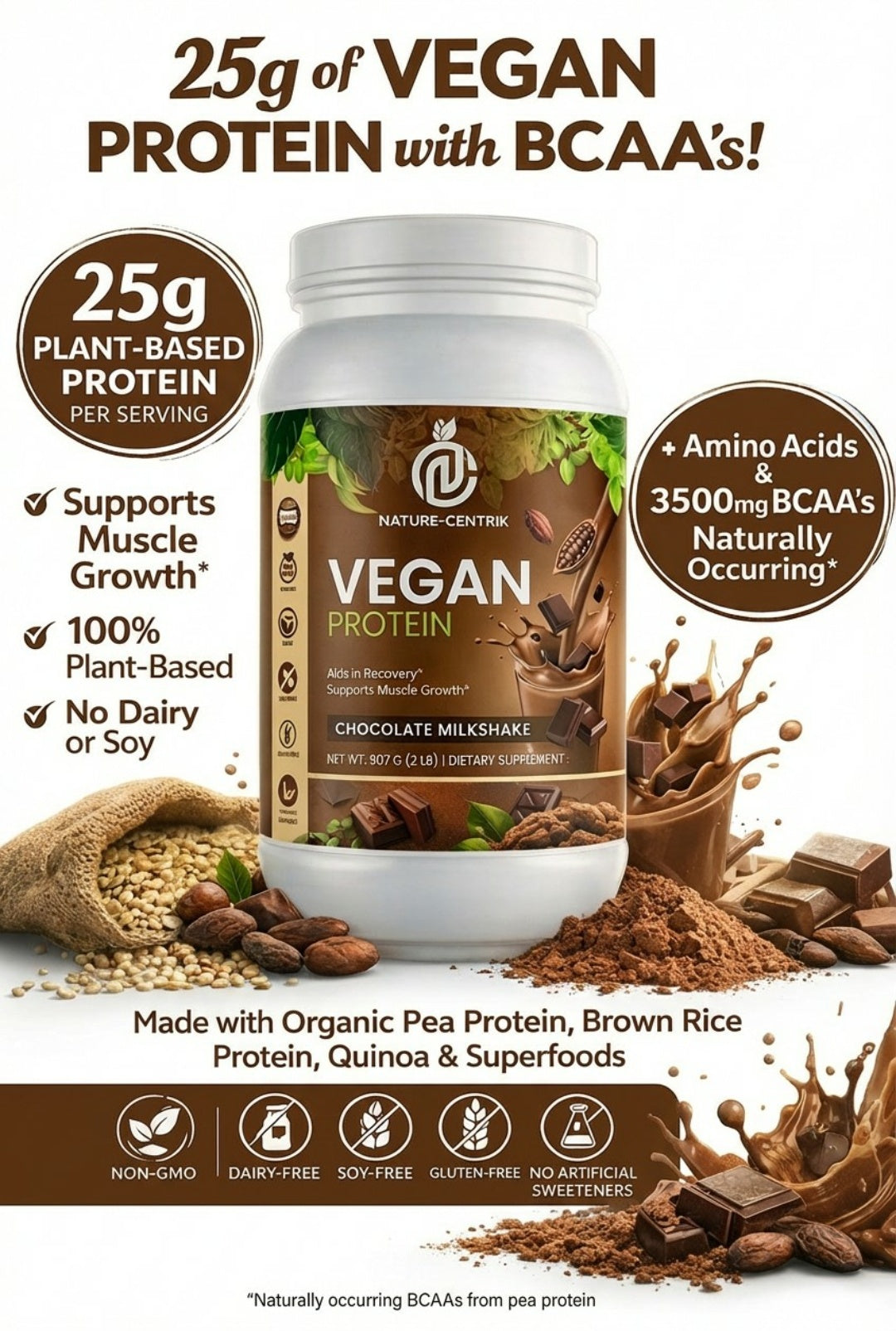 100% Organic- Vegan Protein Milkshake, Chocolate