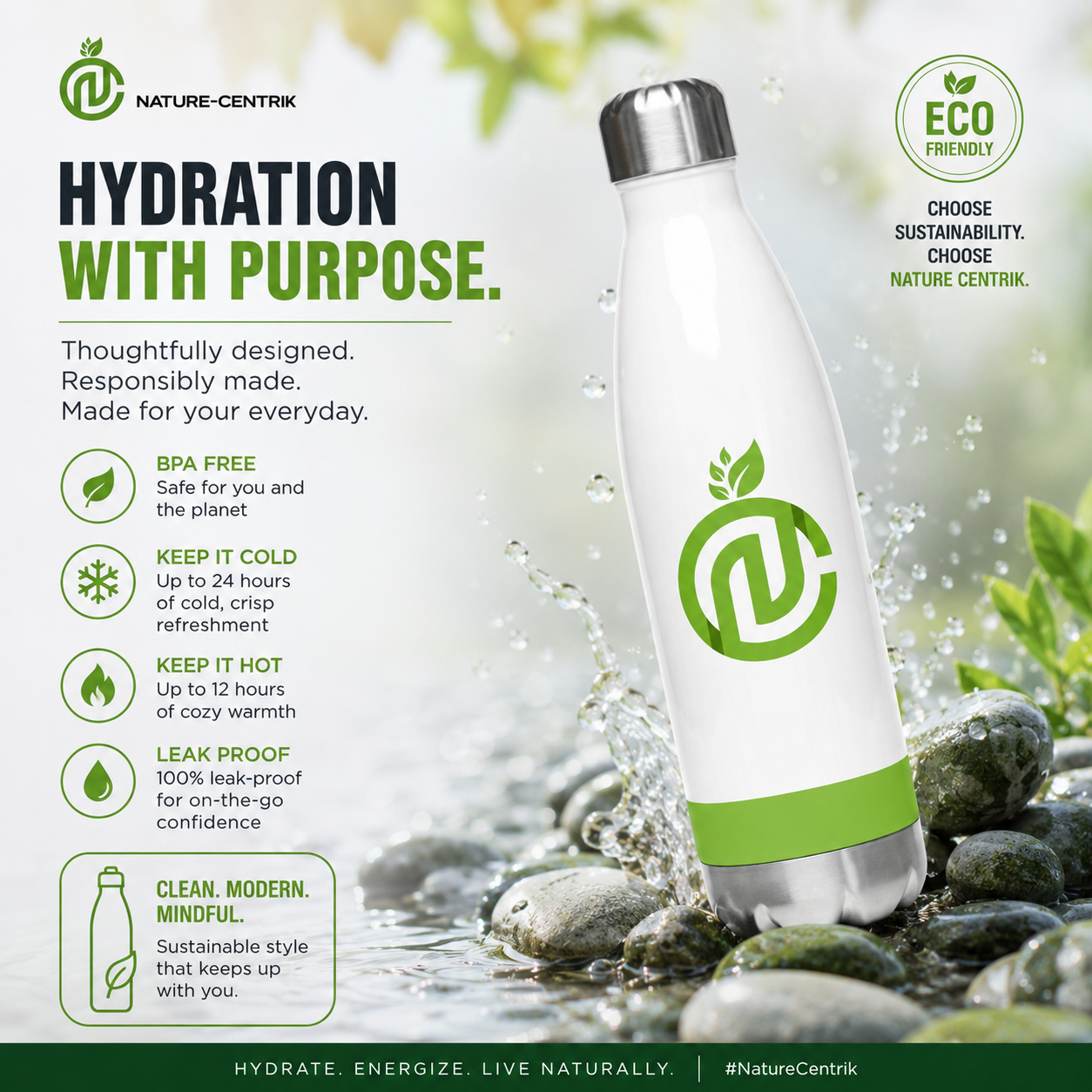 Water Bottle 100% Stainless steel/ Wht