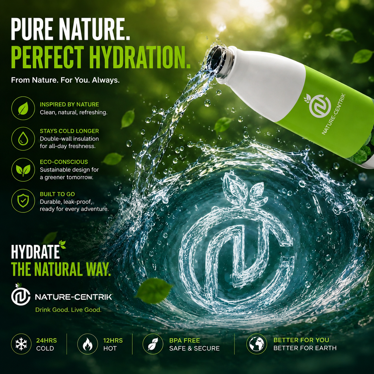 Water Bottle 100% Stainless steel/ Grn