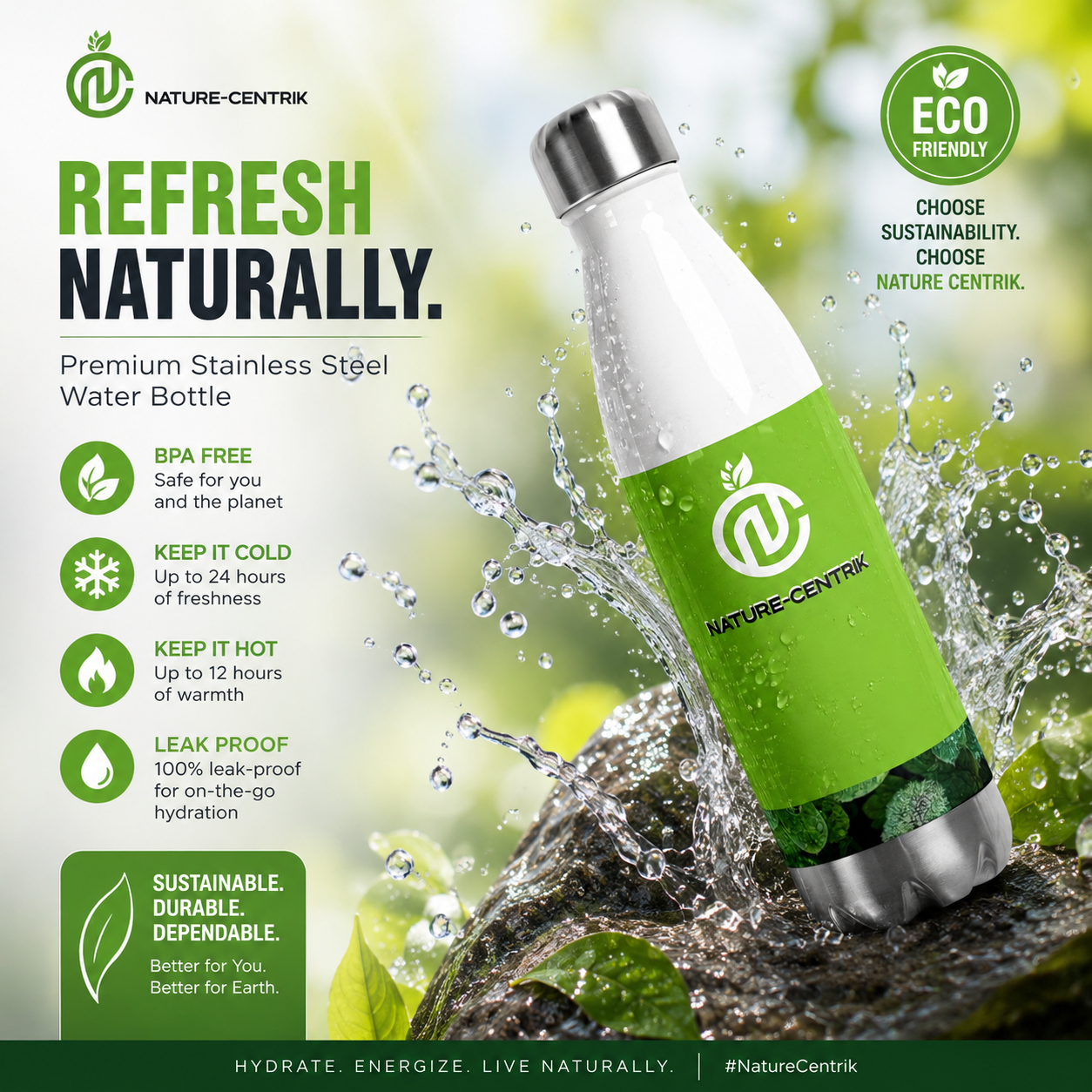 Water Bottle 100% Stainless steel/ Grn