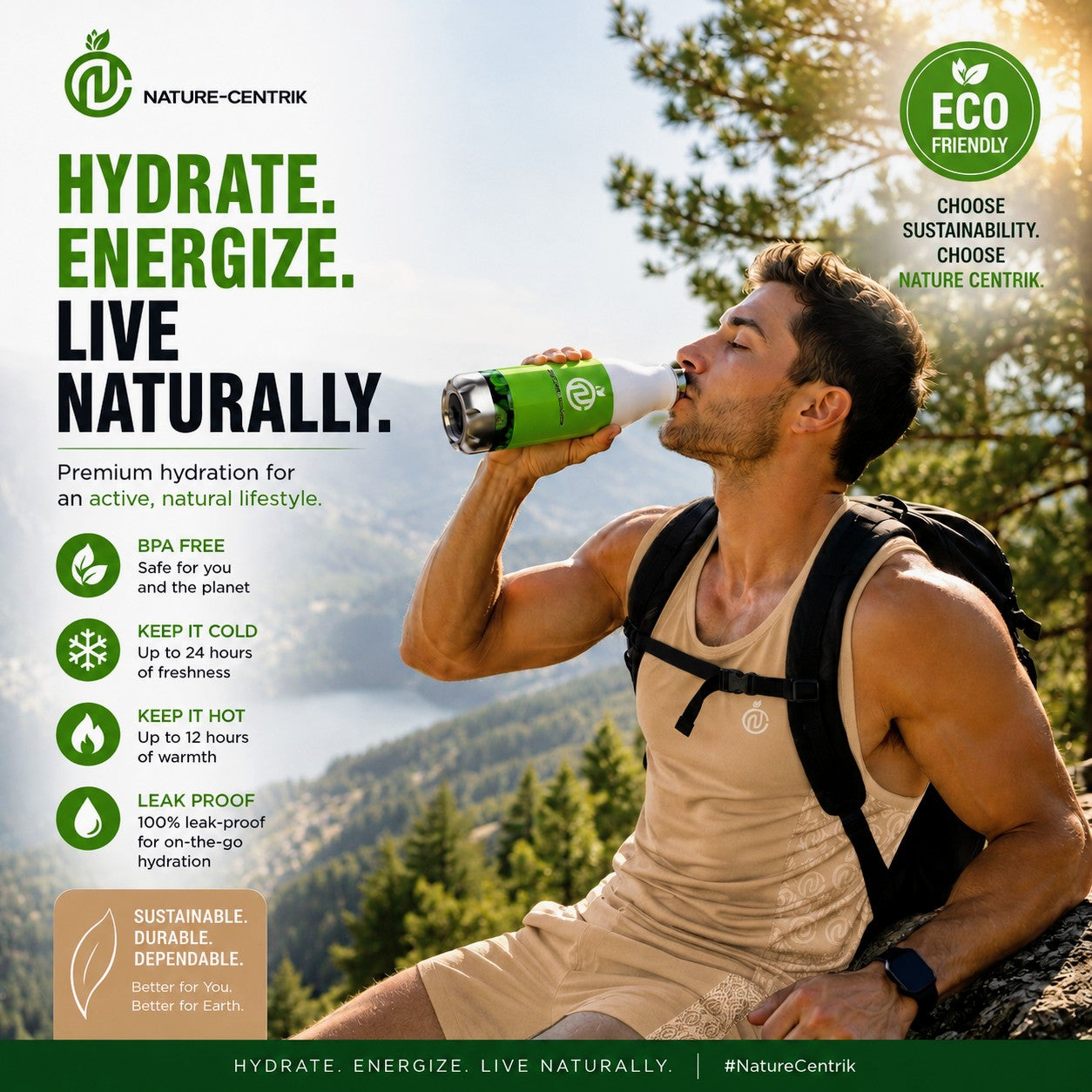 Water Bottle 100% Stainless steel/ Grn